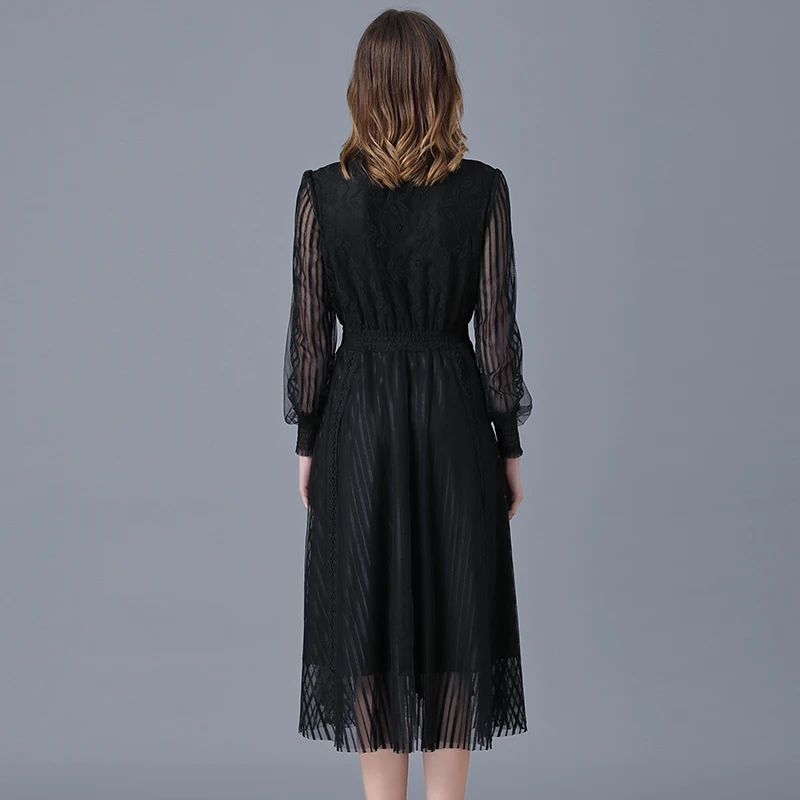 Plus Size Women Lace Dresses Bottomed All Seasons European and American Fashion New Temperament Black with A-word Casual Dress