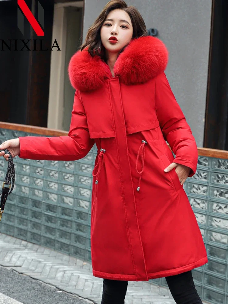 Winter Women's Elegant Parkas Plush Cotton Jacket Thick Coat with Hood Midi Long Wool Collar Warm Padded Hot Female Clothing