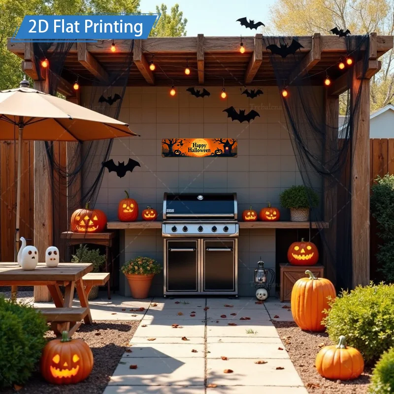 1pc Metal Sign, 4x16inch Halloween Flat Printing Metal Sign, Happy Halloween Pumpkin Bat Scene Decor