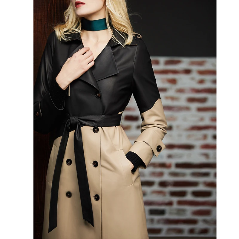 Hoge Luxe Echt Lederen Schapenvacht Vrouwen Lange Trenchcoats Mode Splicing Kleur Dames Veterriem Slanke 100% Lamsleer Jas