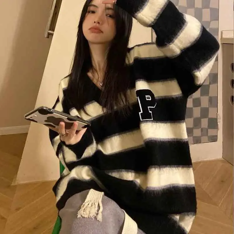 Y2K Fall Women Striped Sweater Oversized Korean Long Sleeves V Neck Knit Pullovers Winter Warm Loose All-Match Jumpers New