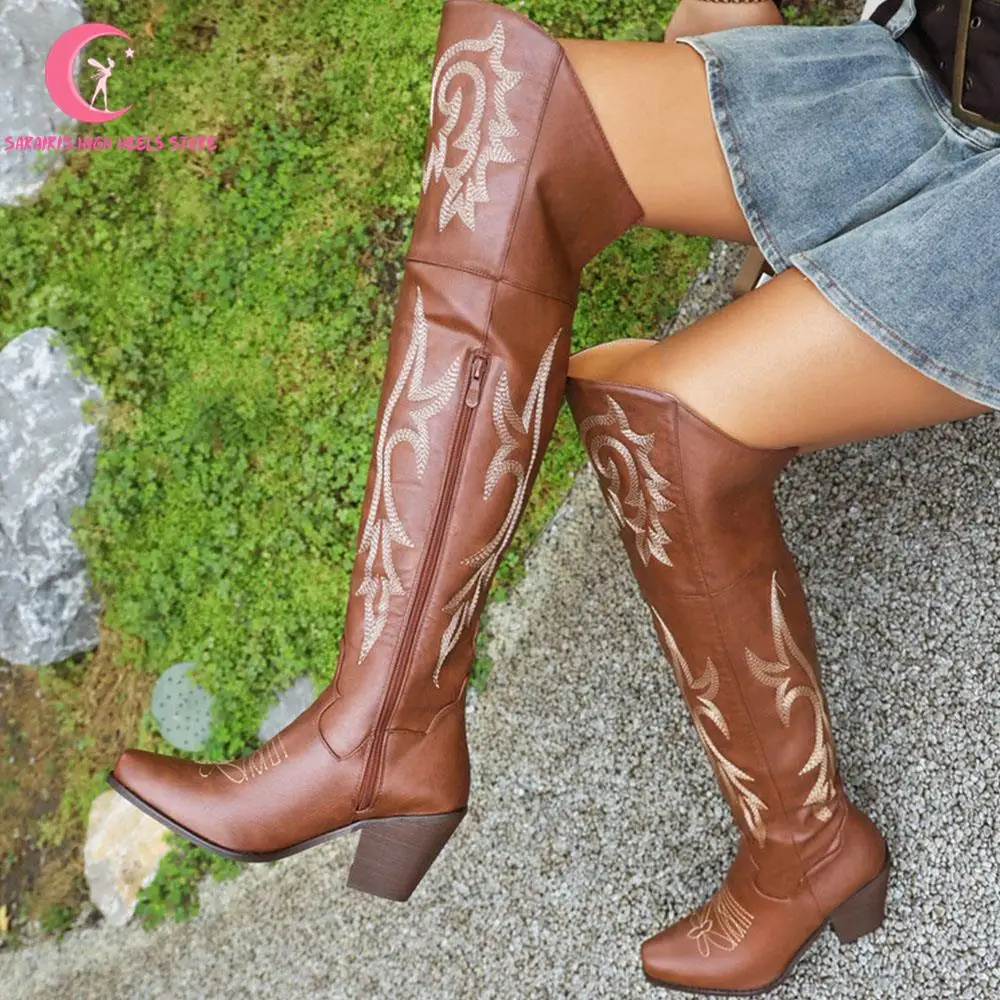 Platform Over Knee High Chunky Women Boots 2023 Brand Embroidery High Heeled Pointed Comfy Boots Women Cowgirl Knight Booties