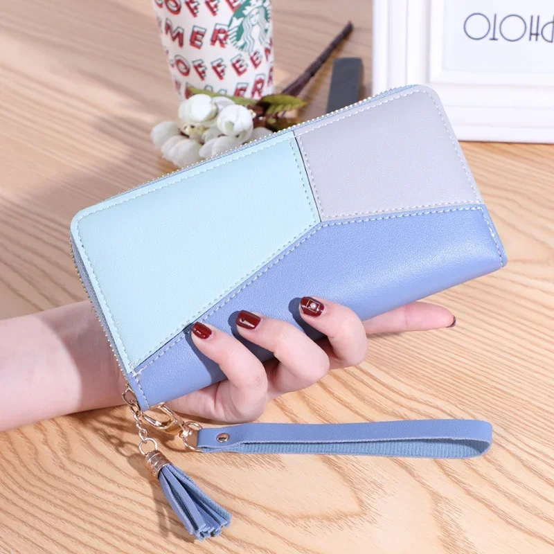 2024 Women's Wallet Long Contrast Panel Zipper Tassel Large Capacity Wallet Mobile Case Splicing Long Purse Lady Hand Purse Bag