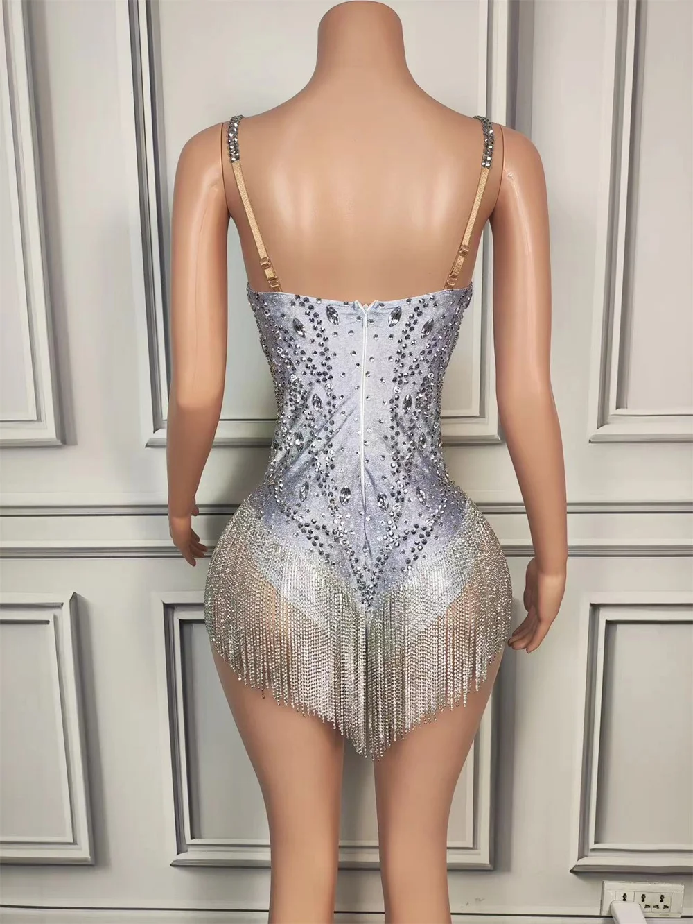 Women Sparkly Rhinestones Tassel chain Bodysuit sexy Nightclub Gogo Peformance Clothing Singer Dancer Stage Costume