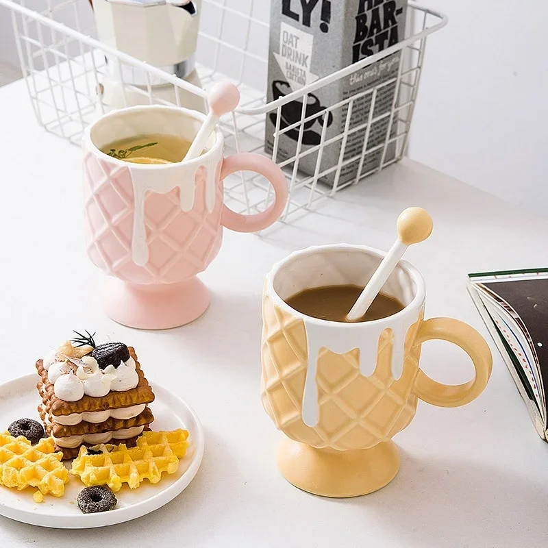 Creative Cream Ice Cream Coffee Cup with Stirring Spoon Ceramic Cup Ins High Beauty Milk Cup Female Household Mug Tableware Gift