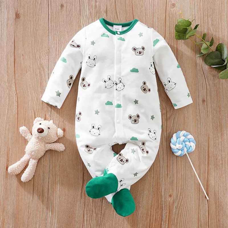 Newborn Clothing Cute Koala Rabbit Full Print Comfortable Spring And Autumn Boys And Girls LongSleeves WrappedFoot Baby Bodysuit