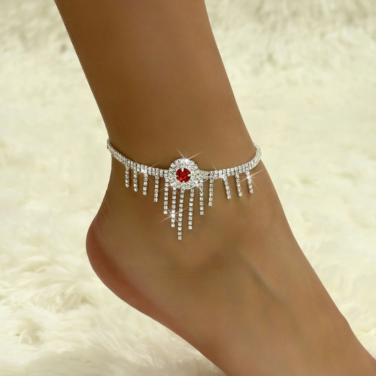 KMVEXO Red Crystal Chain Ankle Bracelet On Leg Foot Jewelry Rhinestone Tassel Anklet For Women Wedding Bridal Party Accessories