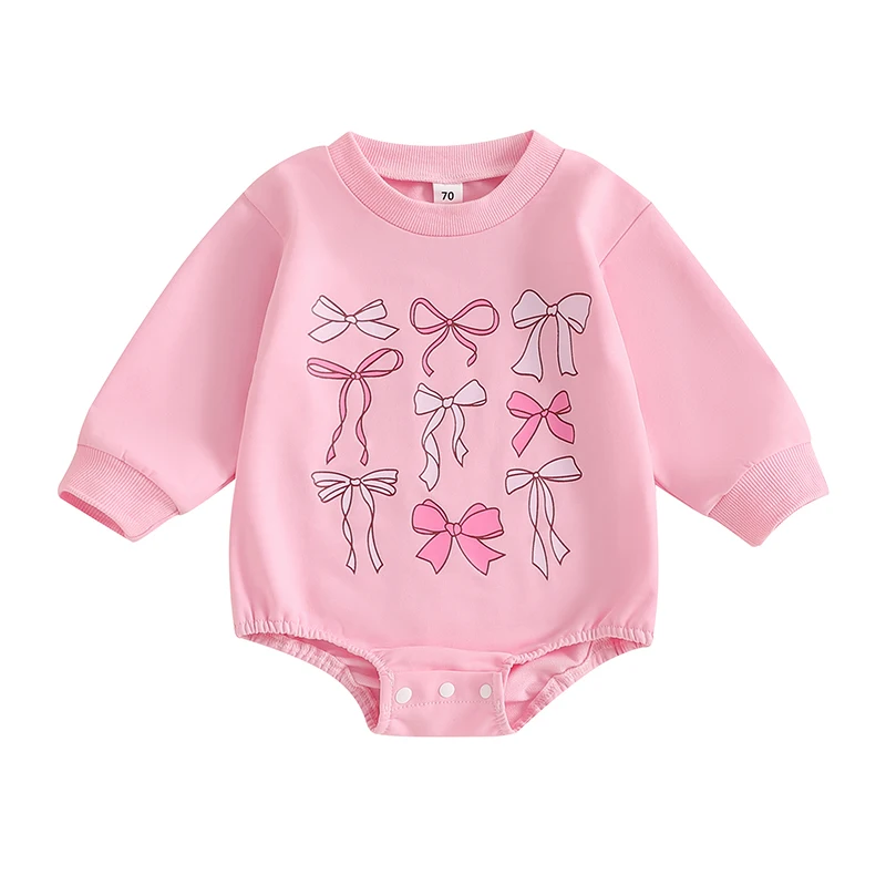 Pudcoco Baby Girls Sweatshirt Romper Bow Print Long Sleeve Jumpsuits for Newborn Infant Toddler Fashion Clothes