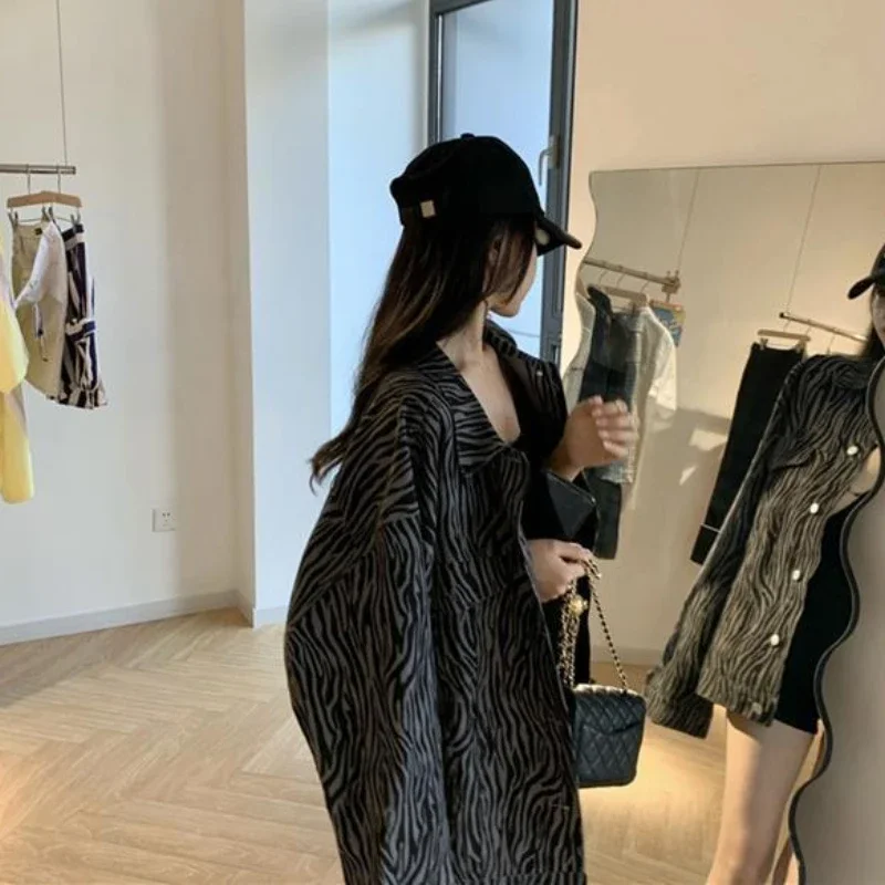 Basic Jackets Women Streetwear Harajuku Denim Casual Zebra-Striped Retro Vintage All-match Spring Loose Daily Outwear Ulzzang image 5