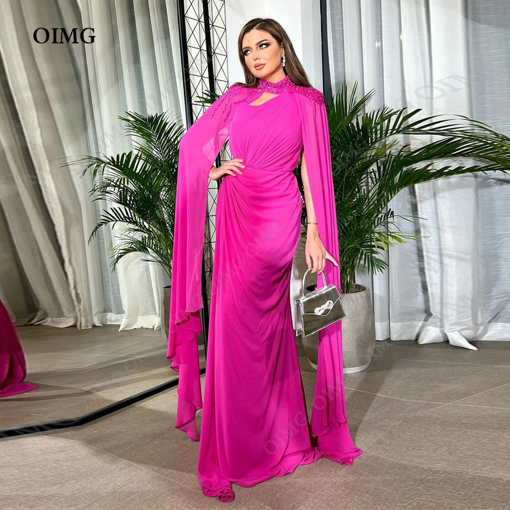 

OIMG Plus Size Fuschia Chiffon Dubai Prom Dresses Sequin Shiny Long A-Line Black Chiffon Evening Party Gown Robe Femme Soiré