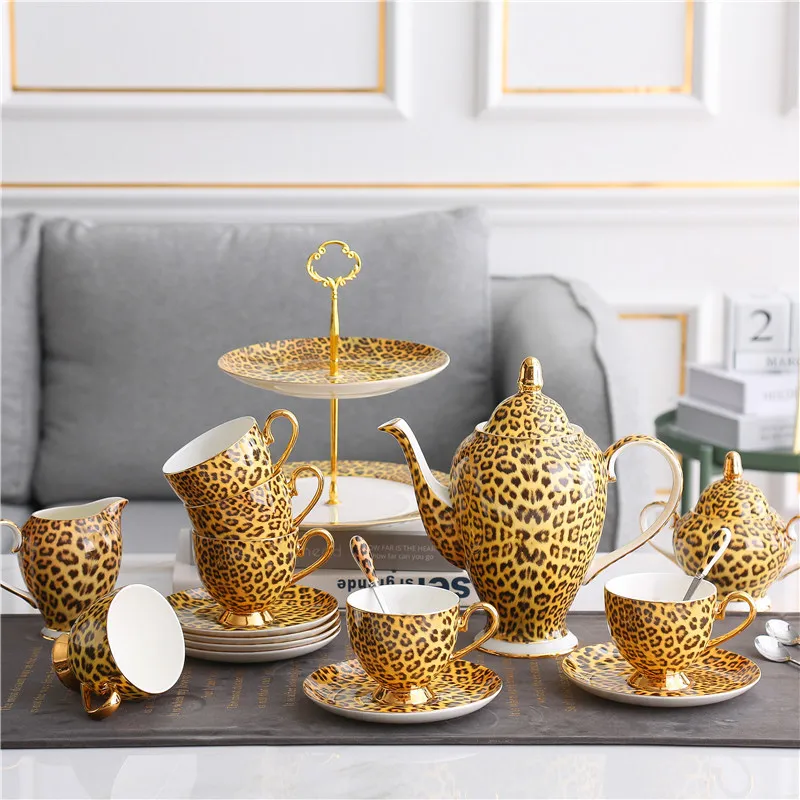 

Light luxury beast school leopard print bone china coffee cup saucer spoon mug