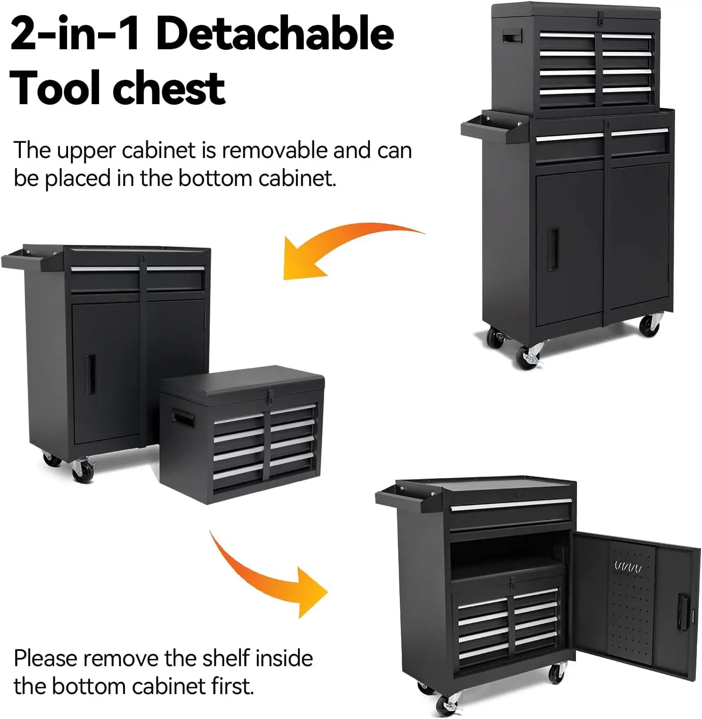 HPDMC 5-Drawer Rolling Tool Chest Adjustable Shelf Lockable Drawers Detachable 2 in 1 Mechanic Tool Box Storage Cabinet