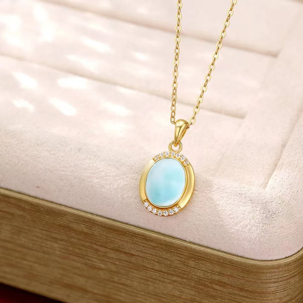 

HUAYI gemstone Round oval genuine Larimar Pendant 925 Sterling silver Necklace For Women fine Jewelry
