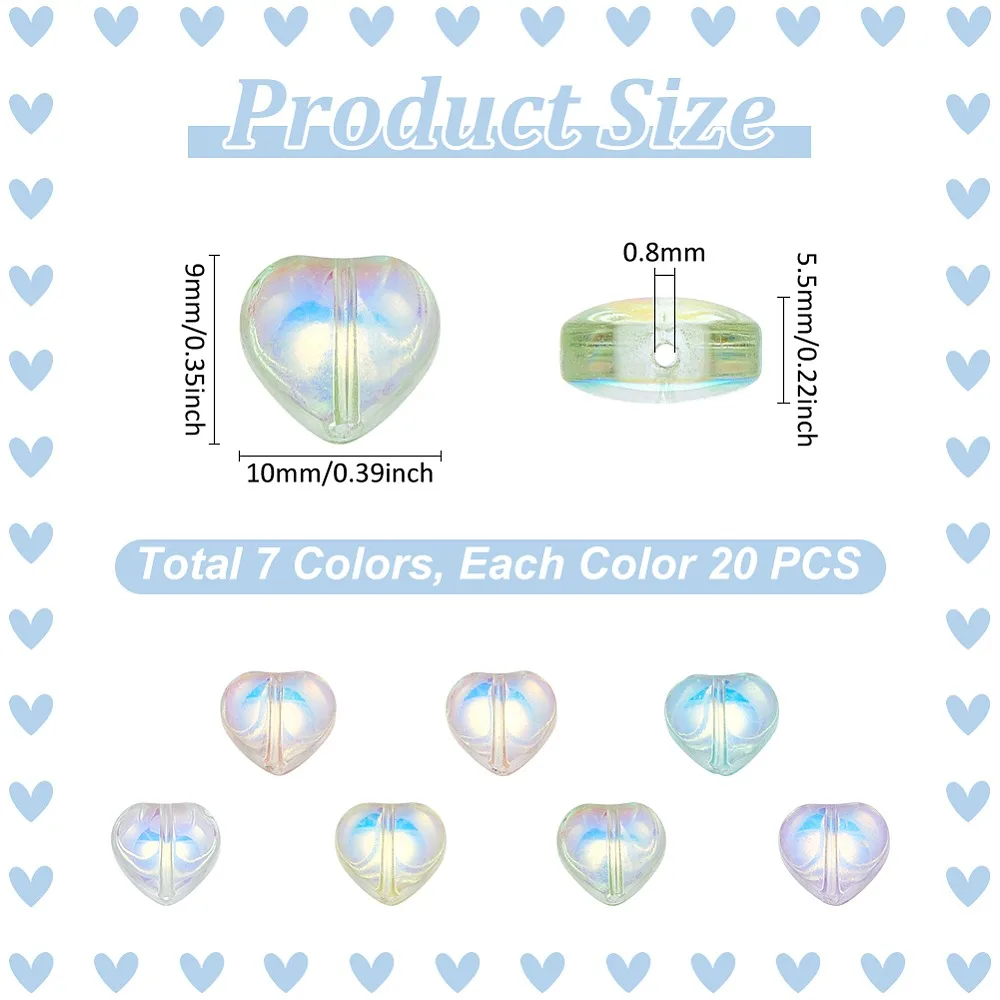 

140Pcs 7 Colors Transparent Glass Beads Heart Mixed Color 10x9mm 20pcs/color