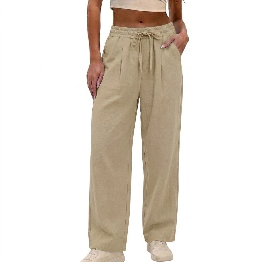 Neue Damen-Baumwollhose mit weitem Bein, lässige, lockere, hochtaillierte lange Hose, weiche Jogginghose, Baggy-Sweatpants mit Kordelzug für Sport. – Detail 5