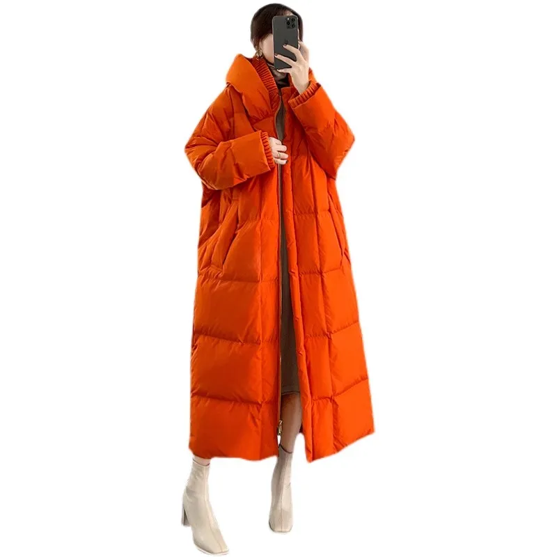 Orange Hooded Down Jacket Women\'s 2024 Winter New Loose Extra Long White duck down Coat Female Puffer Thicken Overcoat Parkas