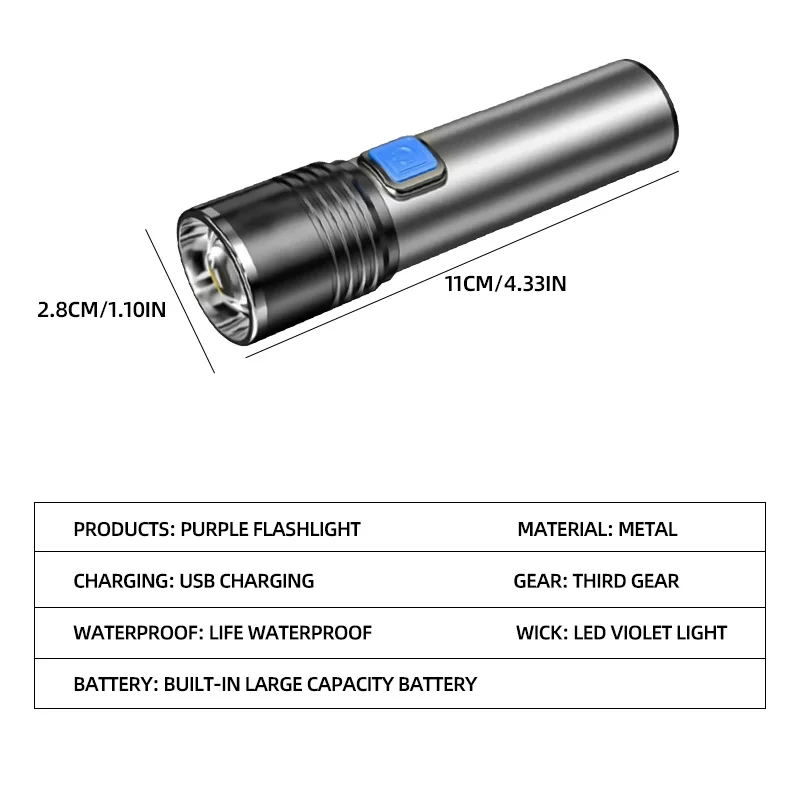 395nm UV Flashlight Blacklight Zoomable USB Rechargeable UV Light Ultraviolet Flashlight for Pet Urine Detection Resin Curing