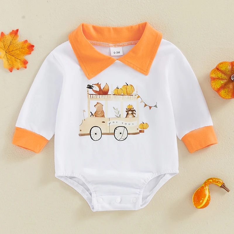 

Suefunskry Baby Boy Romper Long Sleeve Lapel Collar Cartoon Print Bodysuit Newborn Spring Fall Playsuit