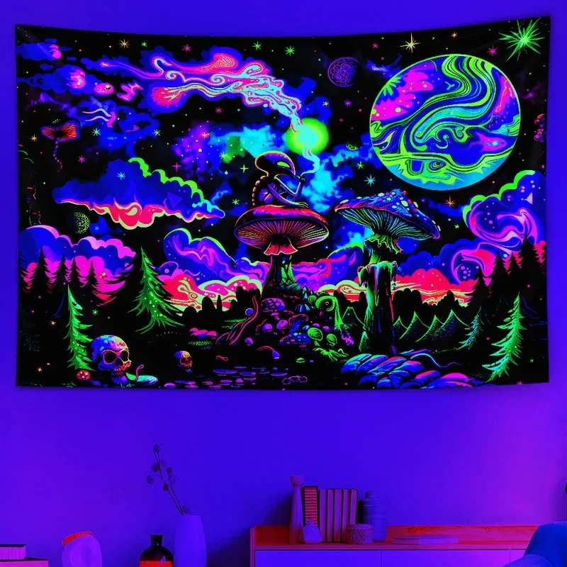 VIKAMA Psychedelic Alien Mushroom Tapestry UV Reactive Galaxy Planet Forest Skull Trippy Neon Hippie Party Bedroom Wall Decor Cl