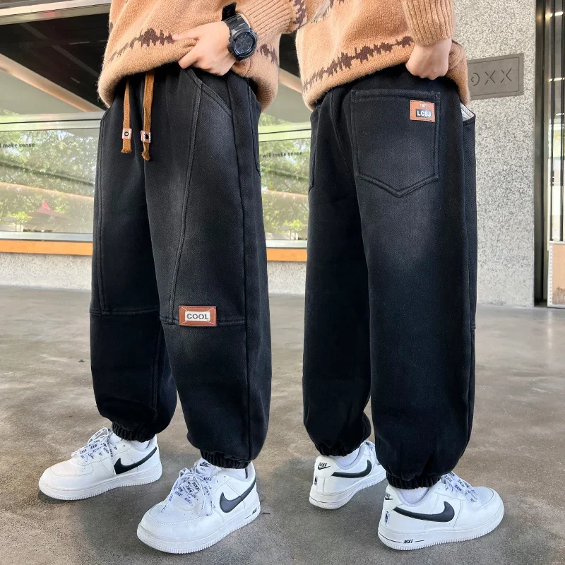 Boys' autumn jeans fleece thickened 2024 new Pants loose for 6-15 Year old middle aged and older children's Winter trousers