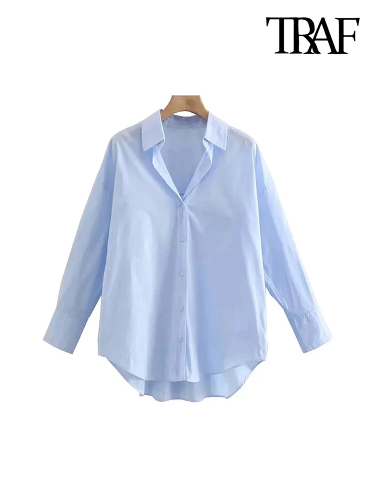 TRAF Women Fashion Office Wear Loose Poplin Solid Shirts Vintage Long Sleeve Button-up Casual Female Blouses Blusas Chic Tops