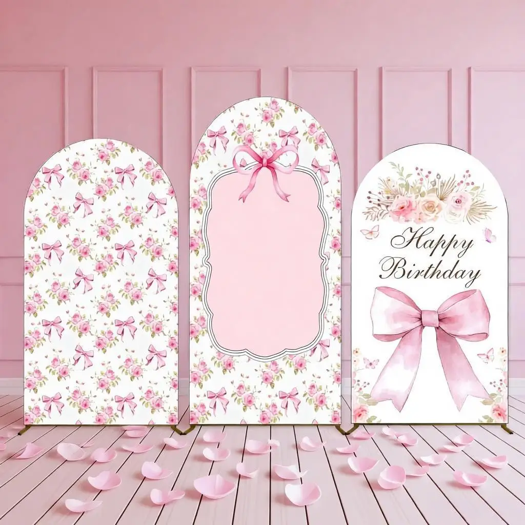 Pink Bow Floral Arch Backdrop Cover for Baby Shower Girls Birthday Party Decor Customize Text Photo Elastic Arch Background