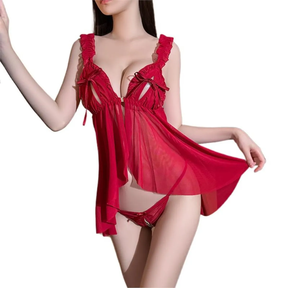 

Ночная рубашка, кружевная сексуальная пижама, женская летняя открытая пижама, кружевное тюлевое платье с уздечкой, мини-короткое стильное нижнее белье, ночная рубашка