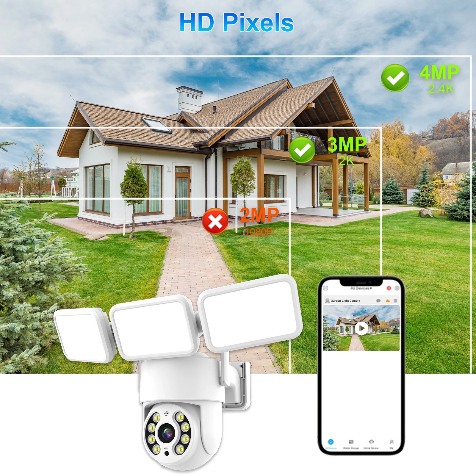 Flood Light WiFi Camera Outdoor 3MP HD IP66 Weatherproof Waterproof External IP Camera WiFi