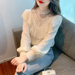 Temperament Autumn Women's Stand Collar Solid Lace Ruffles Korean Fashion Chic Slim Long Sleeve T-Shirts Bottoming Shirt Tops