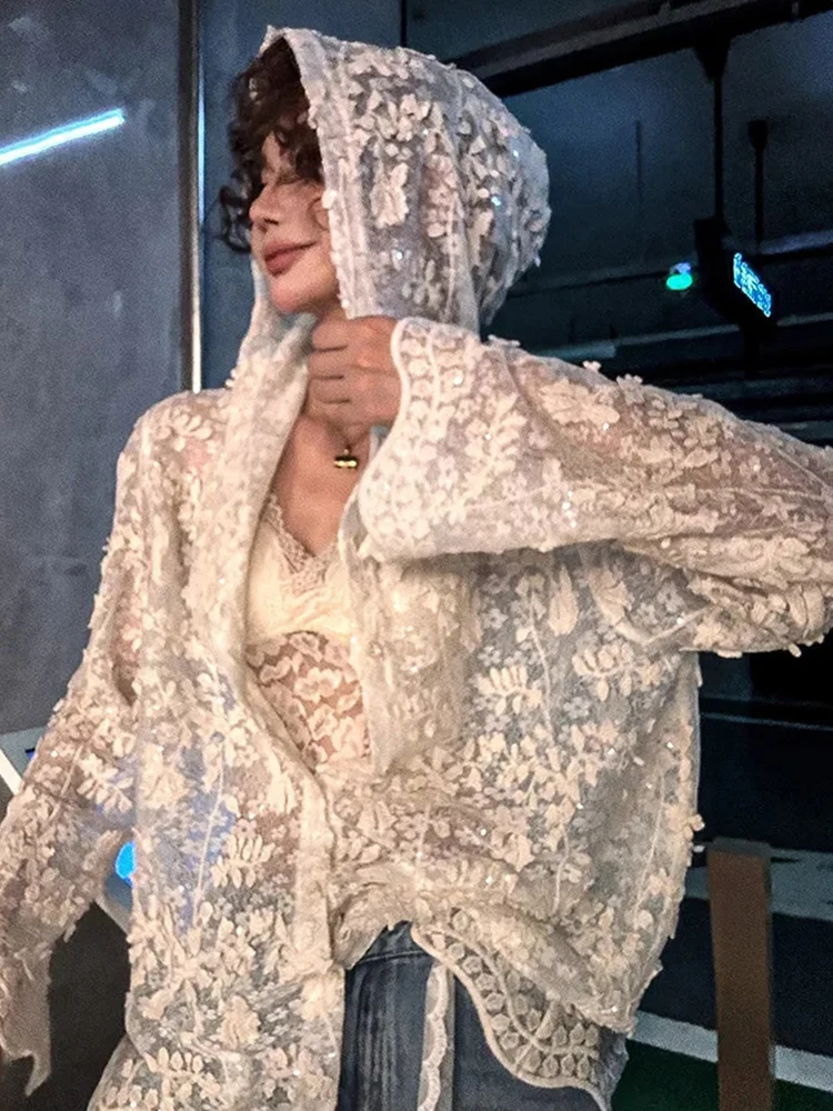 White Lace Sun Protective Blouse for Women Summer Loose Long Sleeve Thin Shirt Y2K Korean Elegant Chic Female Hooded Tops New