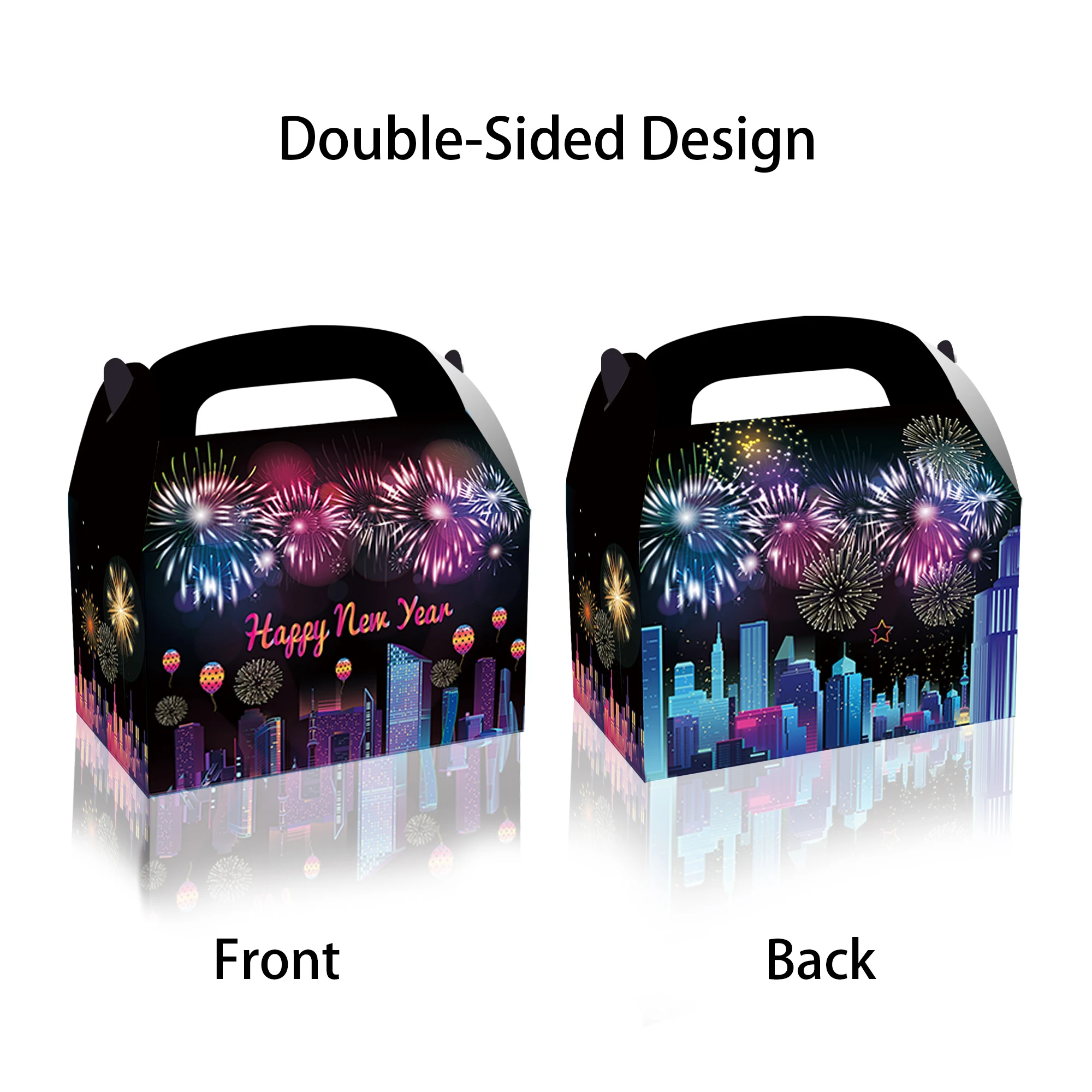 12 Pcs Happy New Year's eve 2024 Party Goodies Boxes Dessert Treat favors Gable Decorations, Fireworks Candy Bags with Handle, K