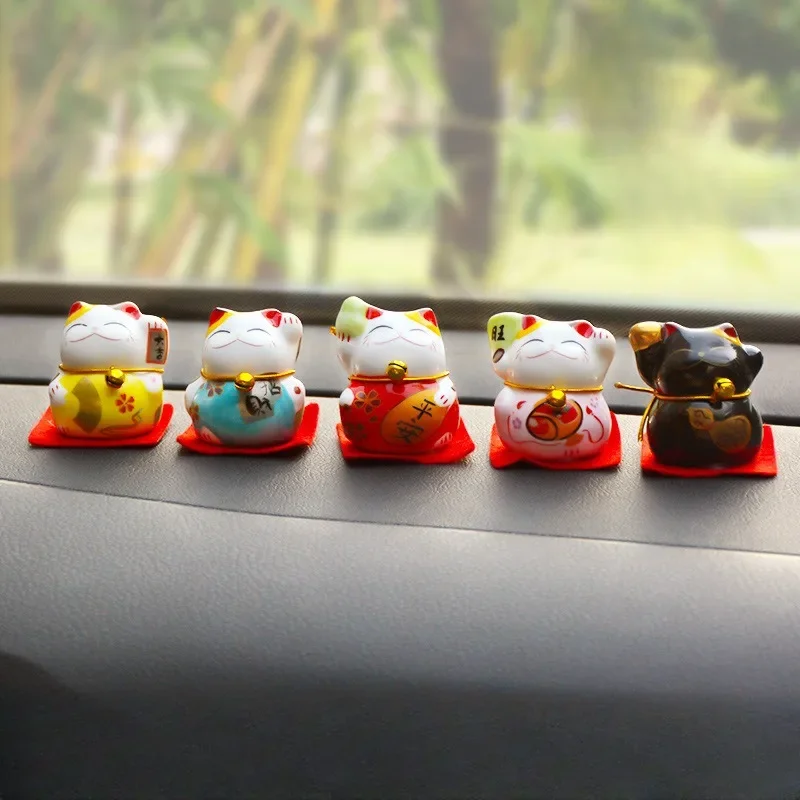 5pcs/set Lucky Cat Ceramics Car Ornaments Small Mini Cute Cat Car Interior Decoration Set Desktop Figurines Home Decor Crafts