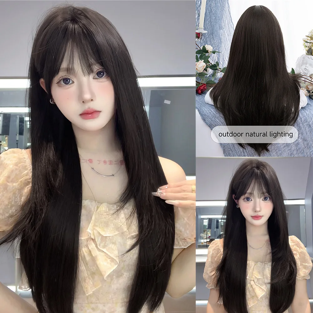 26 Polegada preto adorável estilo lolita perucas sintéticas com bang longo sedoso peruca de cabelo reto para mulheres cosplay diário resistente ao calor