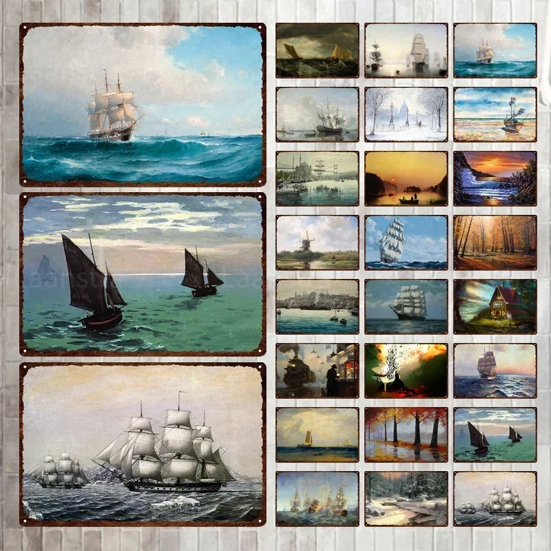 Sea Landscape Sailboat Posters Retro Tin Signs Wall Decor Art Iron Painting Vintage Metal Plate Man Cave Bar Club Decoration