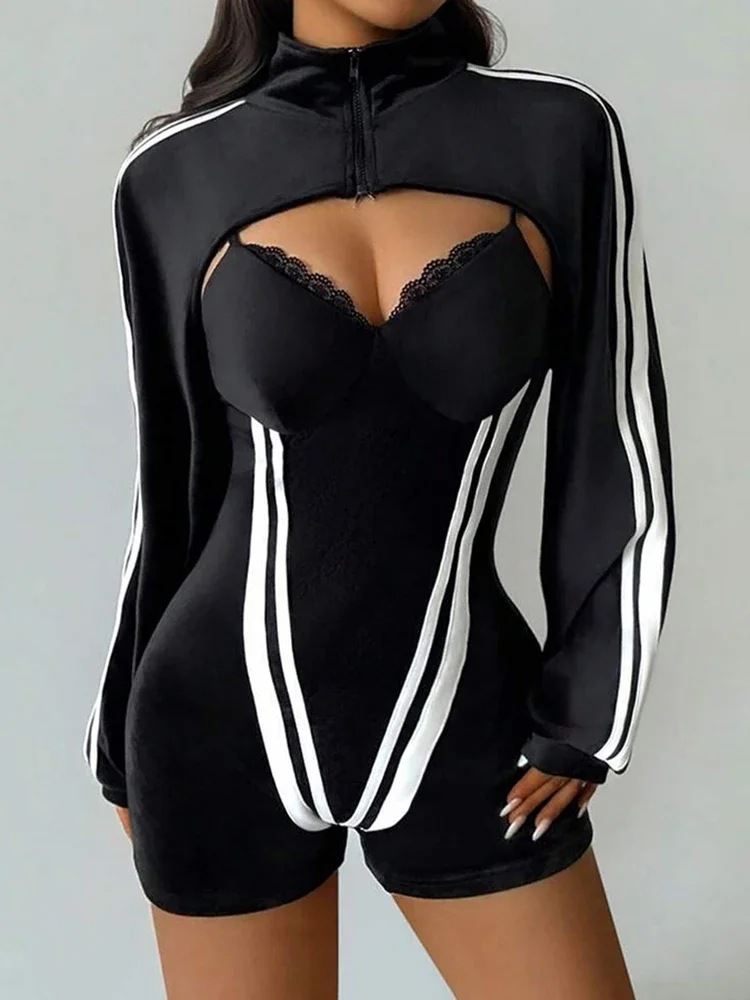 

Комбинезон с контрастным дизайном, женский кардиган на молнии, шорты, куртка + кружевной лоскутный комплект с глубоким вырезом и открытой спиной, узкий эластичный комбинезон