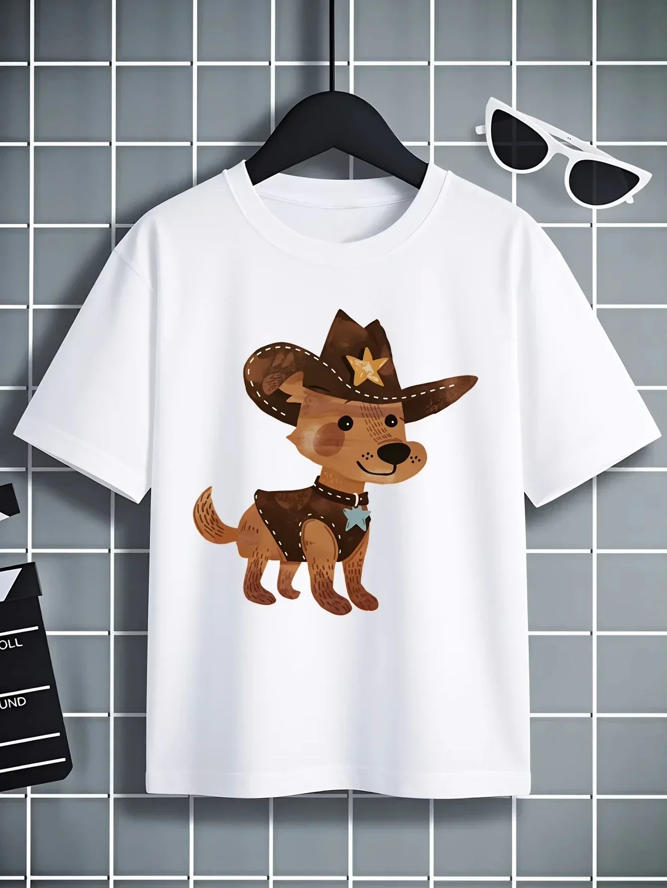 Retro Wild West Cowboy Outfit Brown Dog Pattern Kids Yellow Crew Neck Short Sleeve Outdoor Casual Top