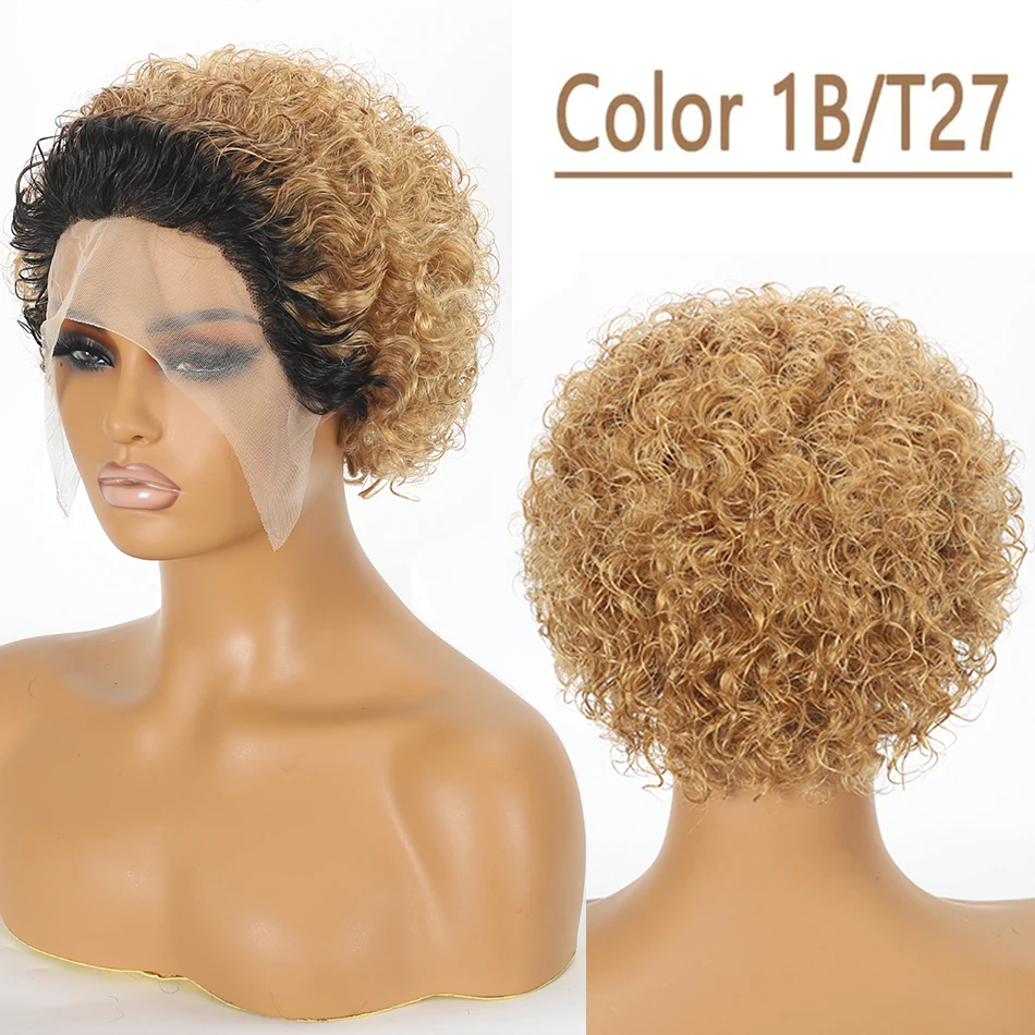 Pixie Cut Wig Kinky Curly Human Hair Wig Honey Blonde Burgundy Colored Short Curly Bob Wigs  Preplucked 13x1 Lace Frontal Wigs