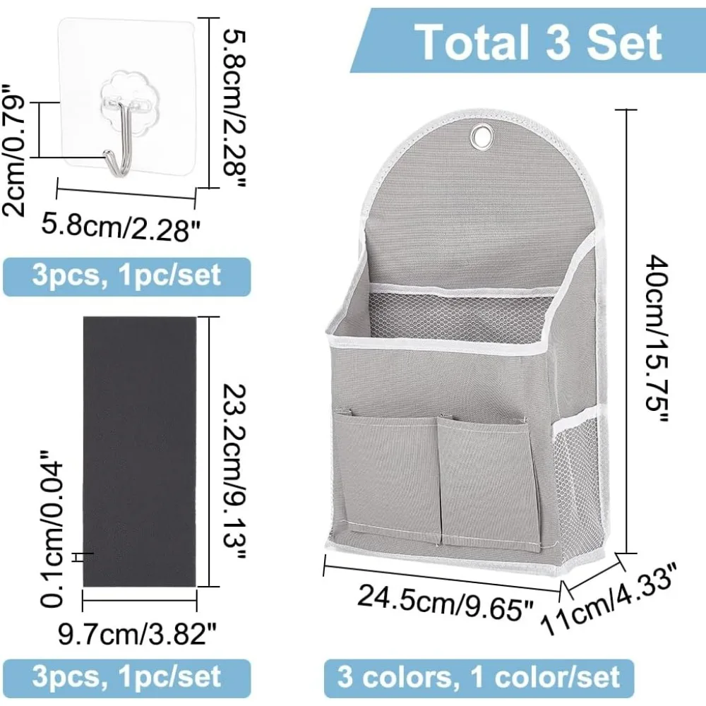 3 Sets Wall Hanging Storage Bag, Door Closet Hanging Storage Basket Wall Linen Organizer with 3 Sticky Hooks Bedside Caddy