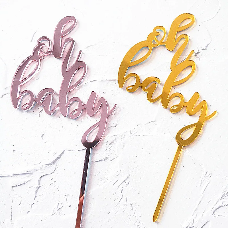 Oh baby "Happy Birthday cake Topper สีทองอะคริลิคสีชมพูงานแต่งงานปาร์ตี้คัพเค้กท็อปเปอร์สำหรับการตกแต่งขนมหวานปาร์ตี้อาบน้ำเด็ก