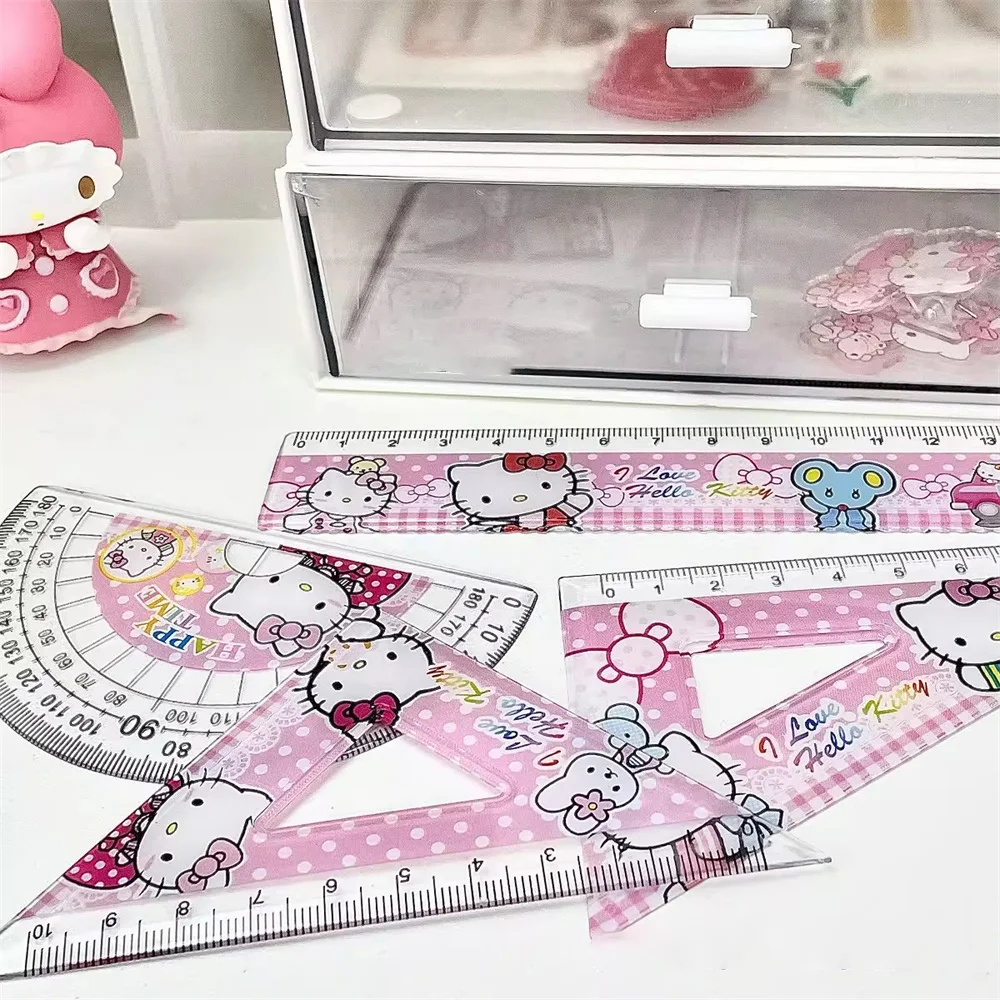 4pcs/Set PVC Cartoon Cute Kuromi Melody Triangle Ruler Straightening Set Students Office Stationery Kid Measurement Drawing Gift