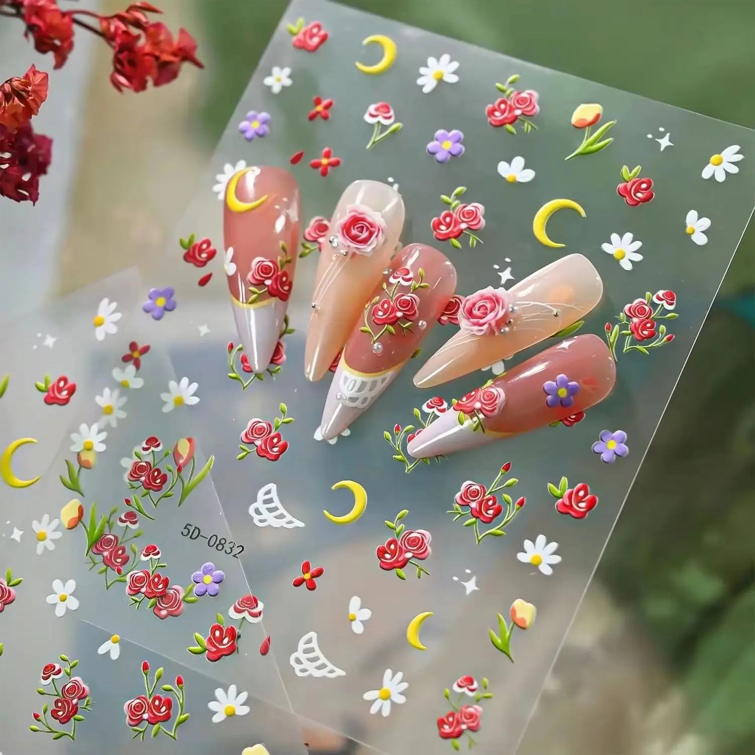 1pcs 5D Embossed Flower Nail Stickers Colorful Rose Tulip Daisy Nail Art Decal Self-Adhesive Nail Decor for DIY Manicure & Salon