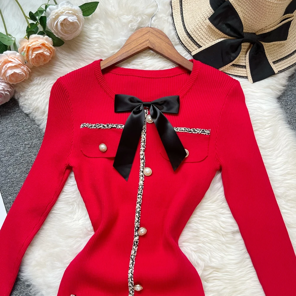 YuooMuoo شيك موضة مثير التفاف الوركين محبوك الخريف فستان المرأة الفاخرة القوس س الرقبة التخسيس فستان قصير الكورية سيدة حفلة Vestidos #5