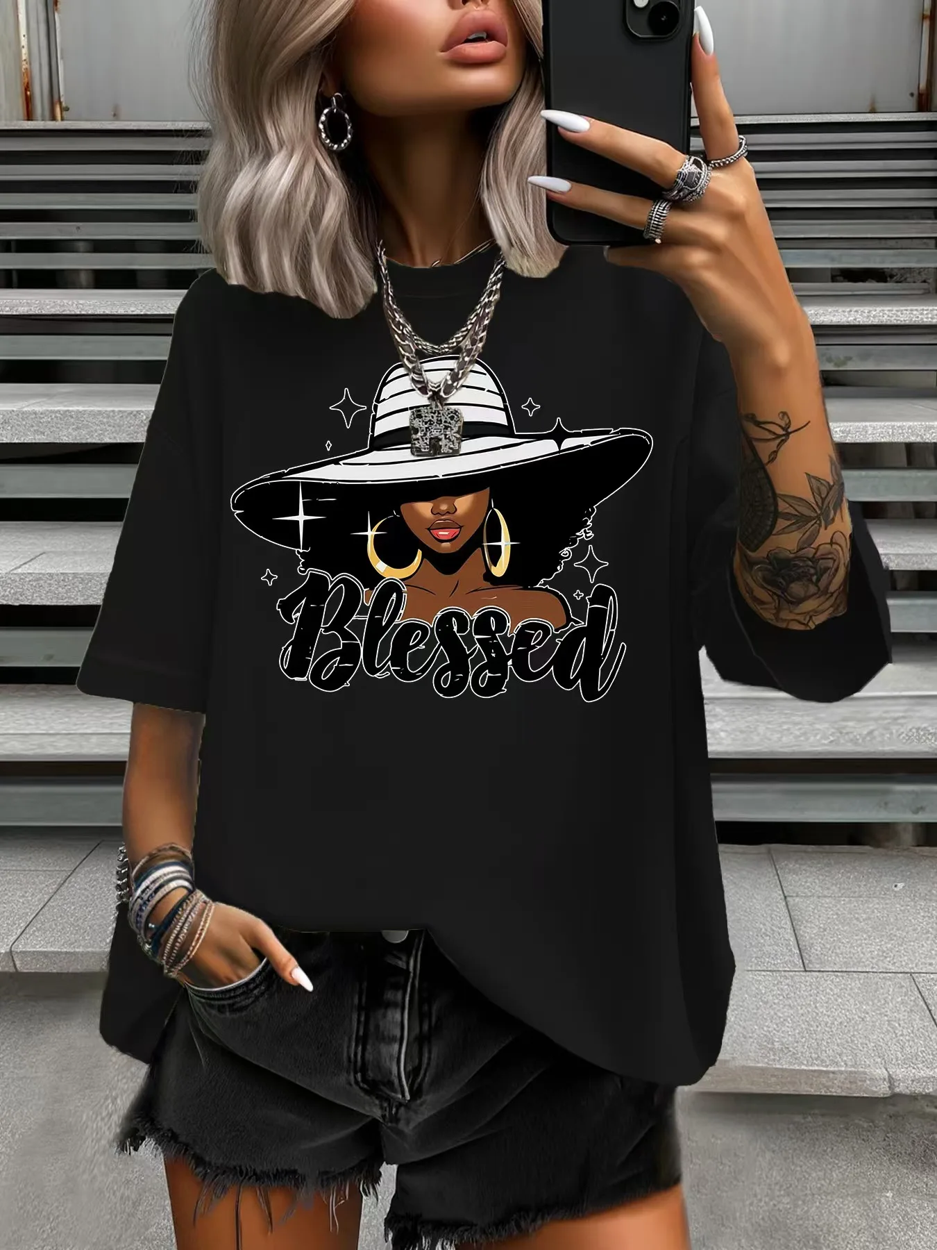 

Летняя женская футболка больших размеров, оригинальный дизайн, модная шляпа с буквенным принтом для девочек, женские повседневные топы с круглым вырезом и короткими рукавами с принтом