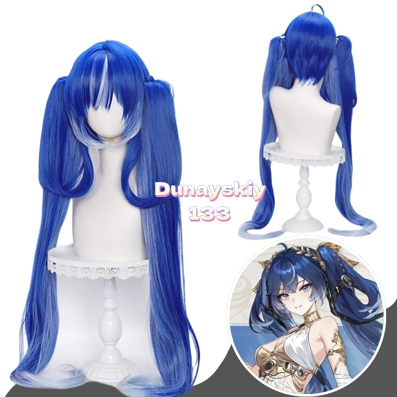Peluca de Cosplay Iuno Wuthering Waves gradiente azul largo recto doble cola de caballo pelucas sintéticas para mujeres niñas Rinascita Halloween
