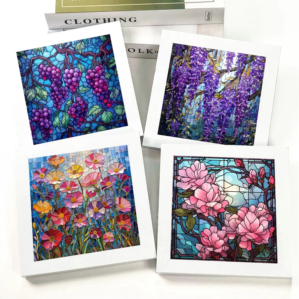 Diamond 5D Mosaic Stained In Glass Flowers And Fruit Painting DIY Sakura Grape Full Drills Embroidery Cross Stitch Kits Decor