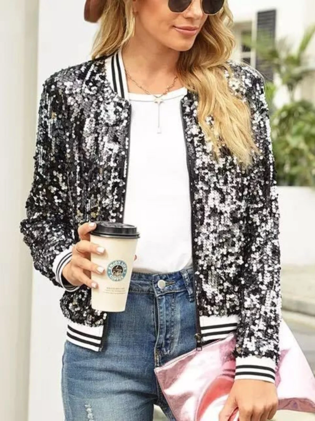 Shiny Long Sleeve Women's Jacket 2023 Autumn Fashion Beads Street Style Zipper Coat Three-acetate Fiber Plant Floral Pattern