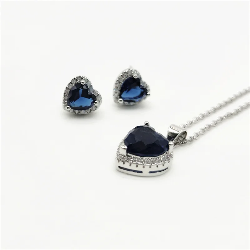 CC Stud Earring Necklace Jewelry Set For Women 2pcs Blue Heart Zirconia Stone Silver Color Love Fashion Accessories