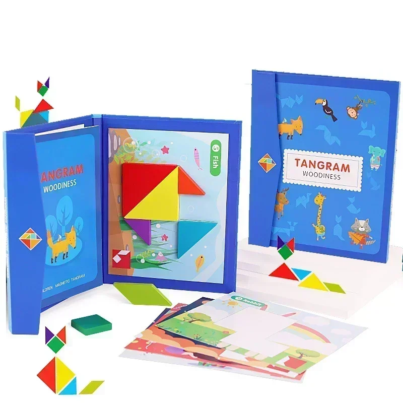 Wooden Jigsaw Magnetic Tangram Puzzle Book Educational Toys For Children Baby Kid Portable Montessori Learning Intelligence