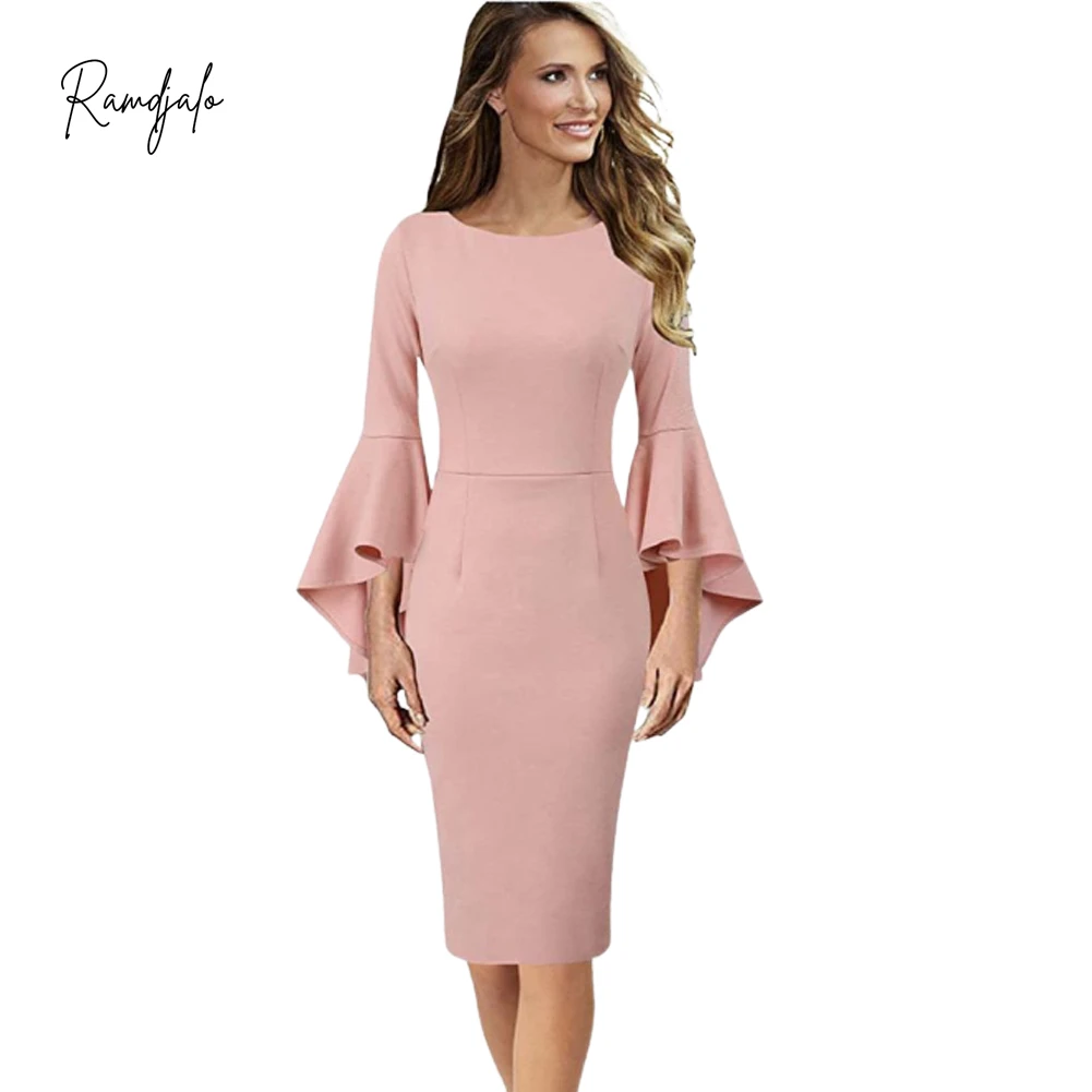 Mother Of The Bride Dresses Pink Sheath Knee Length Bell Long Sleeves Simple Women Formal Wedding Party Guest Gowns Custom Make