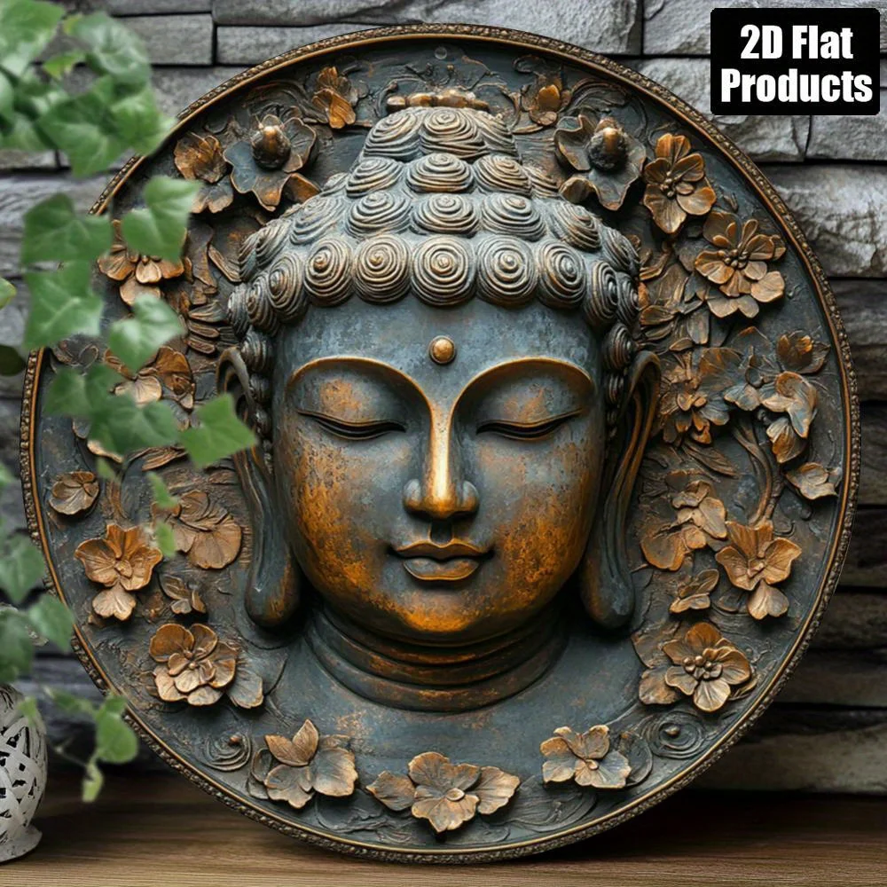 Vintage Round Metal Tin Sign, Buddha Head Bronze Floral Relief Retro Zen Home Wall Decor Plaque